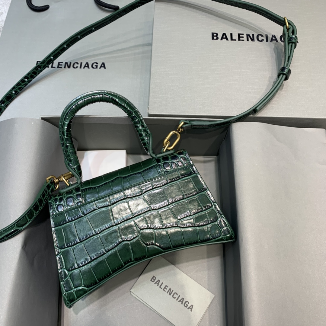 Balenciaga Hourglass XS Handbag Crocodile Embossed Shoulder Bag Dark Green